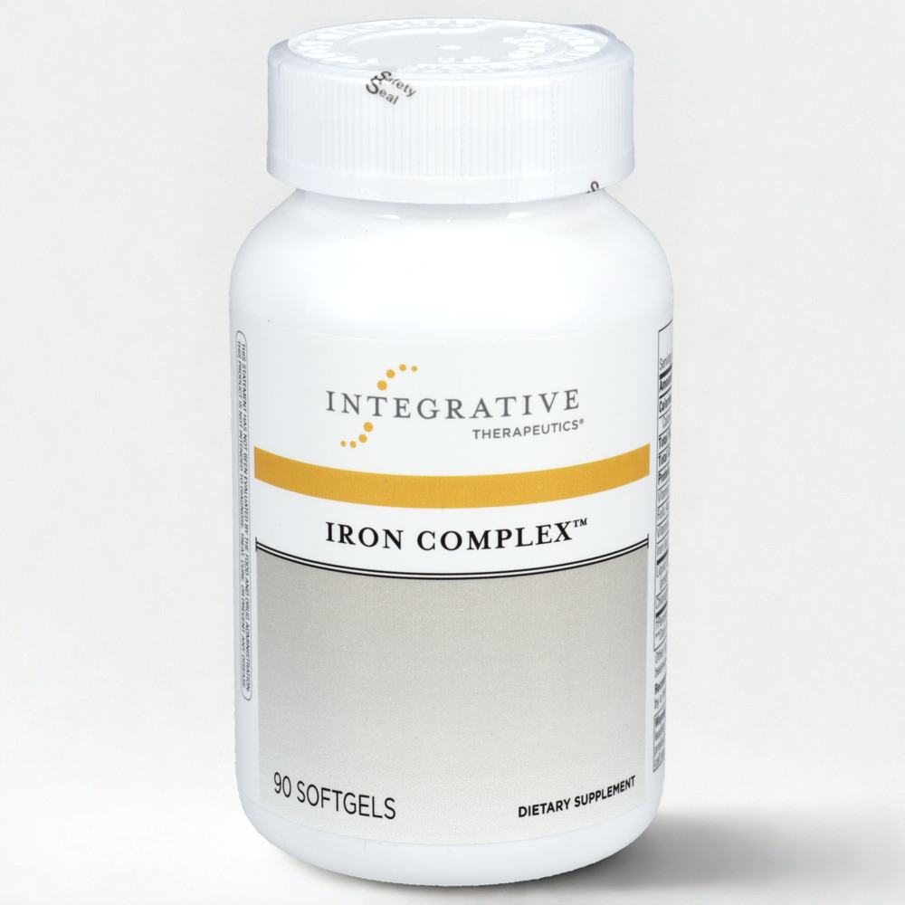 Supplement bottle labeled 'Iron Complex' by Integrative Therapeutics on a white background