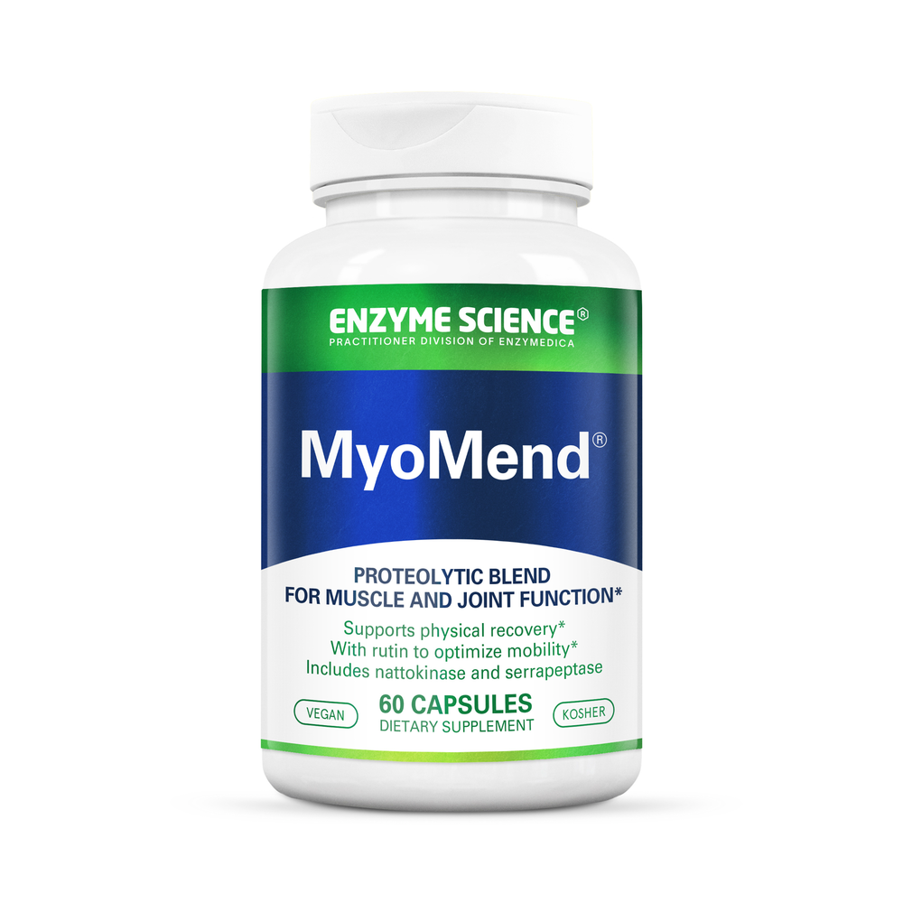 Supplement bottle labeled 'MyoMend' by Enzyme Science on a white background