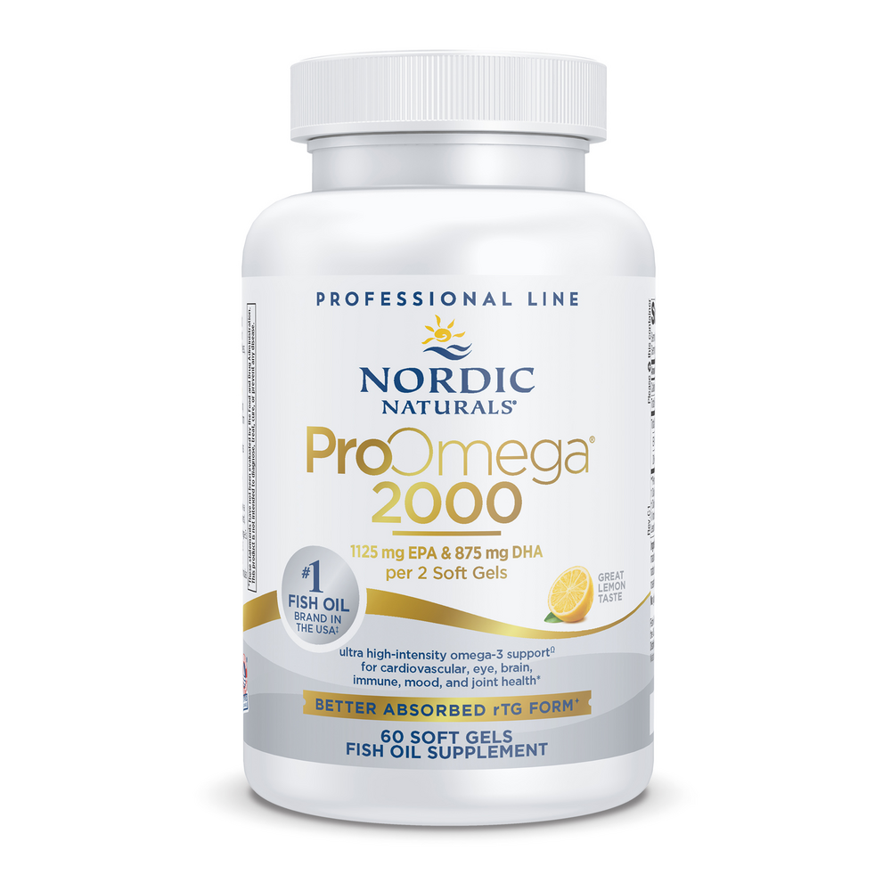 Nordic Naturals ProOmega 2000 fish oil supplement bottle on a white background