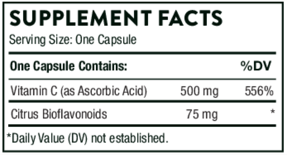 Supplement facts label with Vitamin C and Citrus Bioflavonoids on a black background